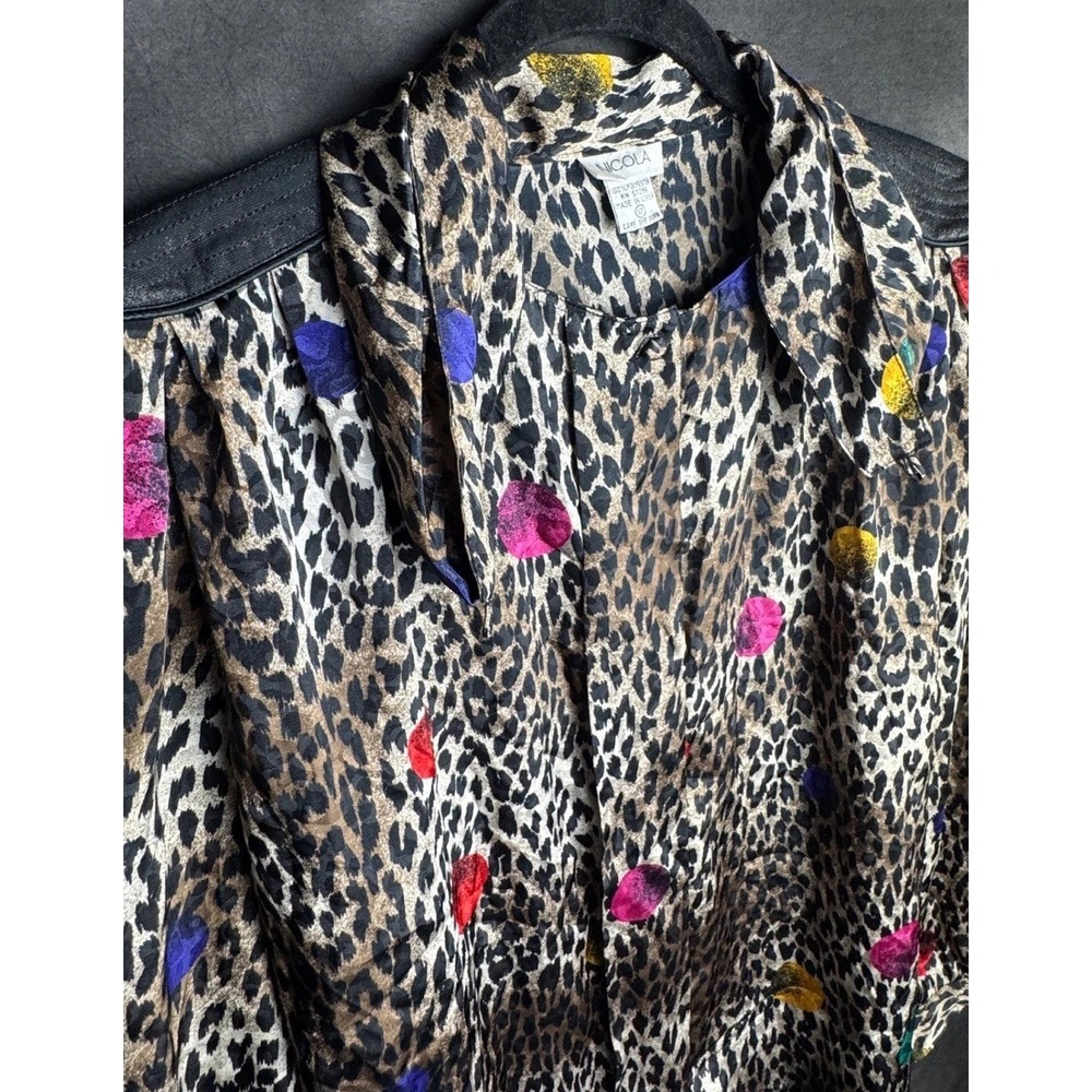 Nicola Vintage Leopard Print Blouse 12 Brown Multicolor Polka Dot 80s Shoulder